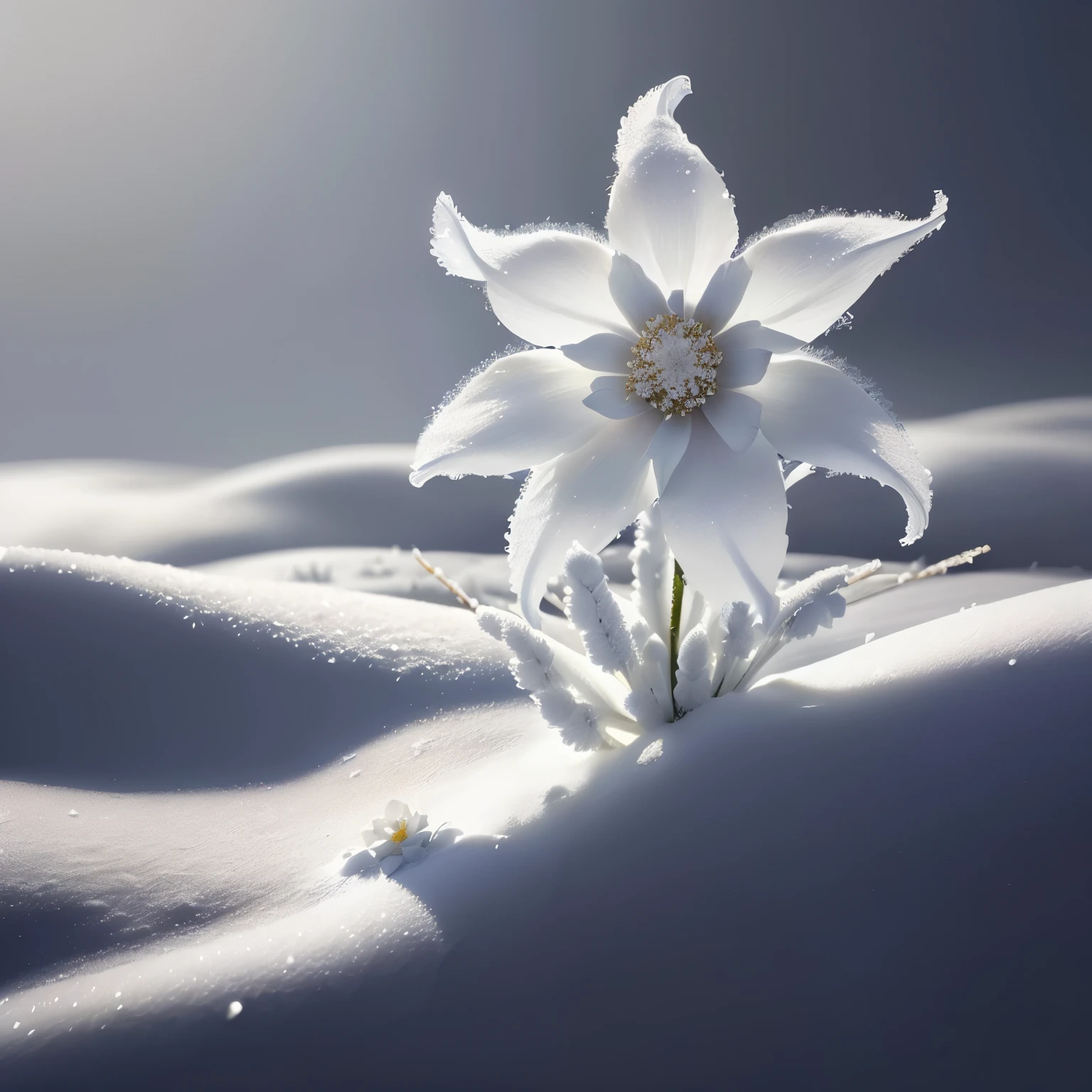 White Edelweiss,In the snow,Plush from material,Close-up of flowers,8k pixels