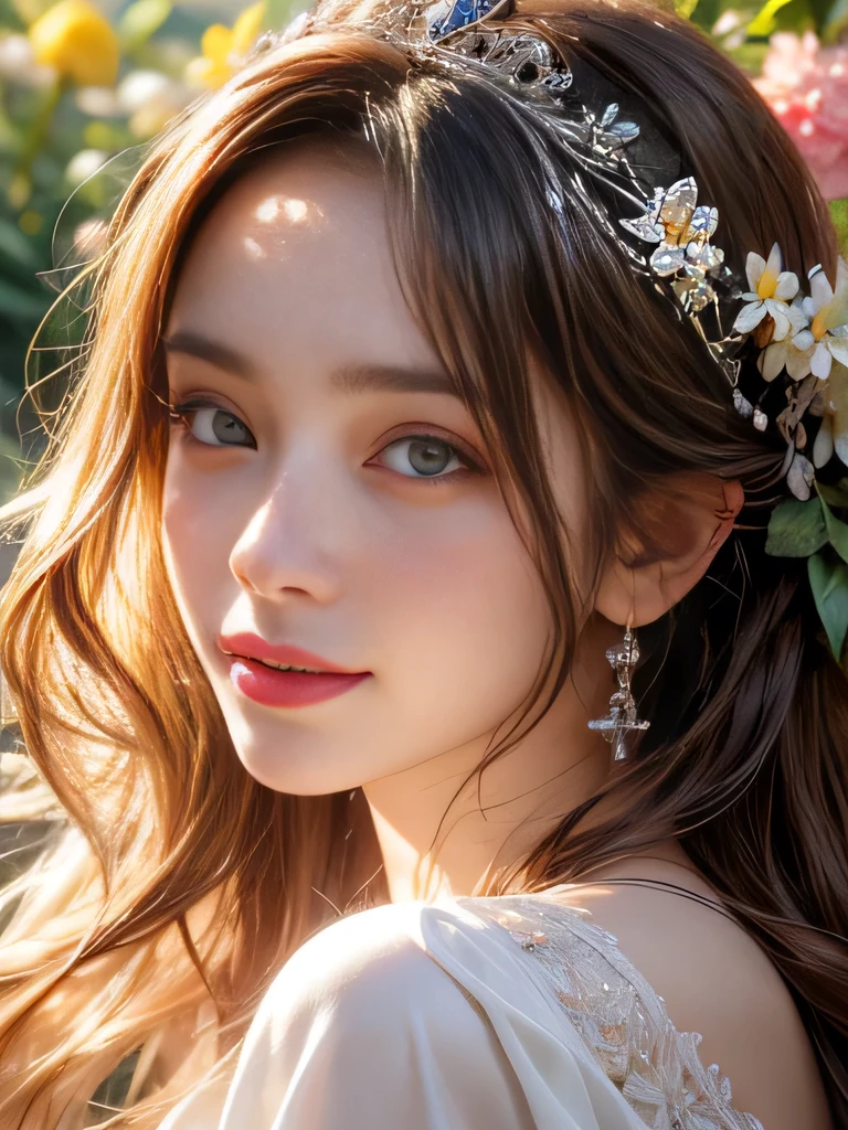 The best quality, high resolution, ultra-detailed, realistic:1.37, high dynamic range, ultra-fine painting, sharp focus, physically-based rendering, professional, vivid colors, bokeh, portraits, landscape, flowers, a girl in a garden, smiling girl, white dress, beautiful detailed eyes, beautiful detailed lips, beautiful detailed skin, girl under warm sunlight, glowing skin, colorful flowers, soft skin.
