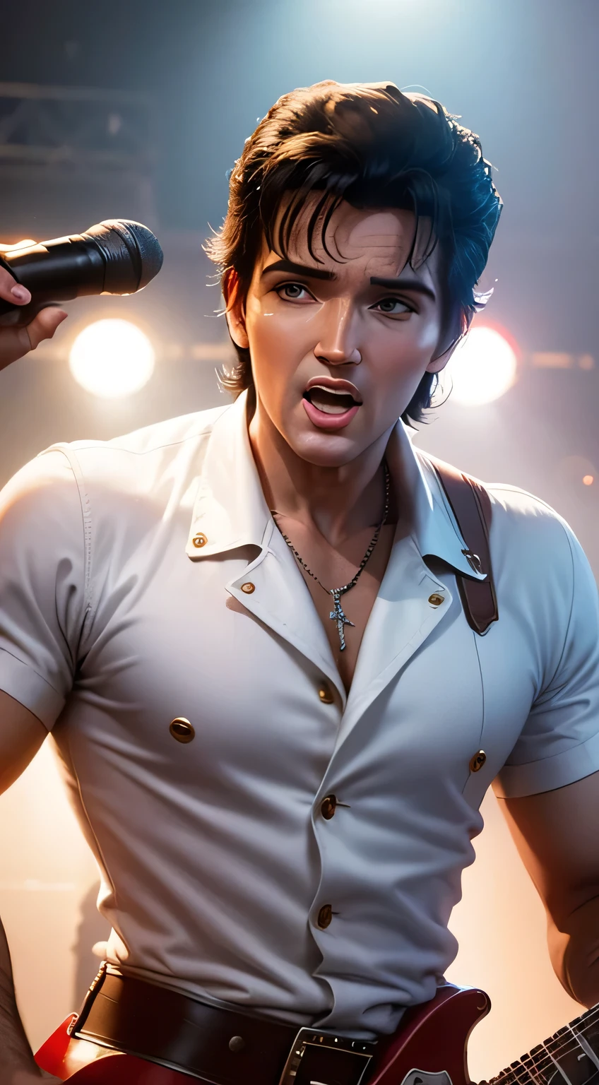 Crie uma imagem close UP corpo inteiro de Elvis Presley, singing for fans best quality High quality