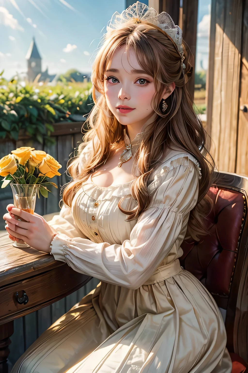 (1800 era, USA), (Year 1800, USA: 1.2), (Exquisite Detail: 1.2), She's the sweetest little diminutive vision of the South, Her eyes are as radiant and sparkling as precious diamonds, gleaming like morning dew.
You may sing about your Clementine or laud Rosa Lee,
But the Yellow Rose of Texas is the one I long to see.
Her dress, an elegant shade of whiskey, reminiscent of the South's golden history,
Her hair, adorned with ribbons like the rays of the setting sun,
Her smile, genuine