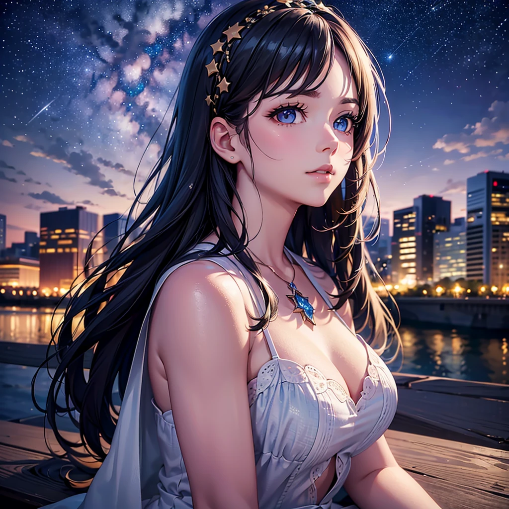 a detailed portrait of a girl sitting outdoors at night, looking up at the starry sky with the milky way, surrounded by a night cityscape with buildings silhouetted against the night sky, long hair, (best quality,4k,8k,highres,masterpiece:1.2),ultra-detailed,(realistic,photorealistic,photo-realistic:1.37),extremely detailed eyes and face,beautiful detailed eyes,beautiful detailed lips,longeyelashes,octans,sky,stars,scenery,starry night,night,1girl,night sky,solo,outdoors,building,cloud,milky way,sitting,tree,city,cityscape