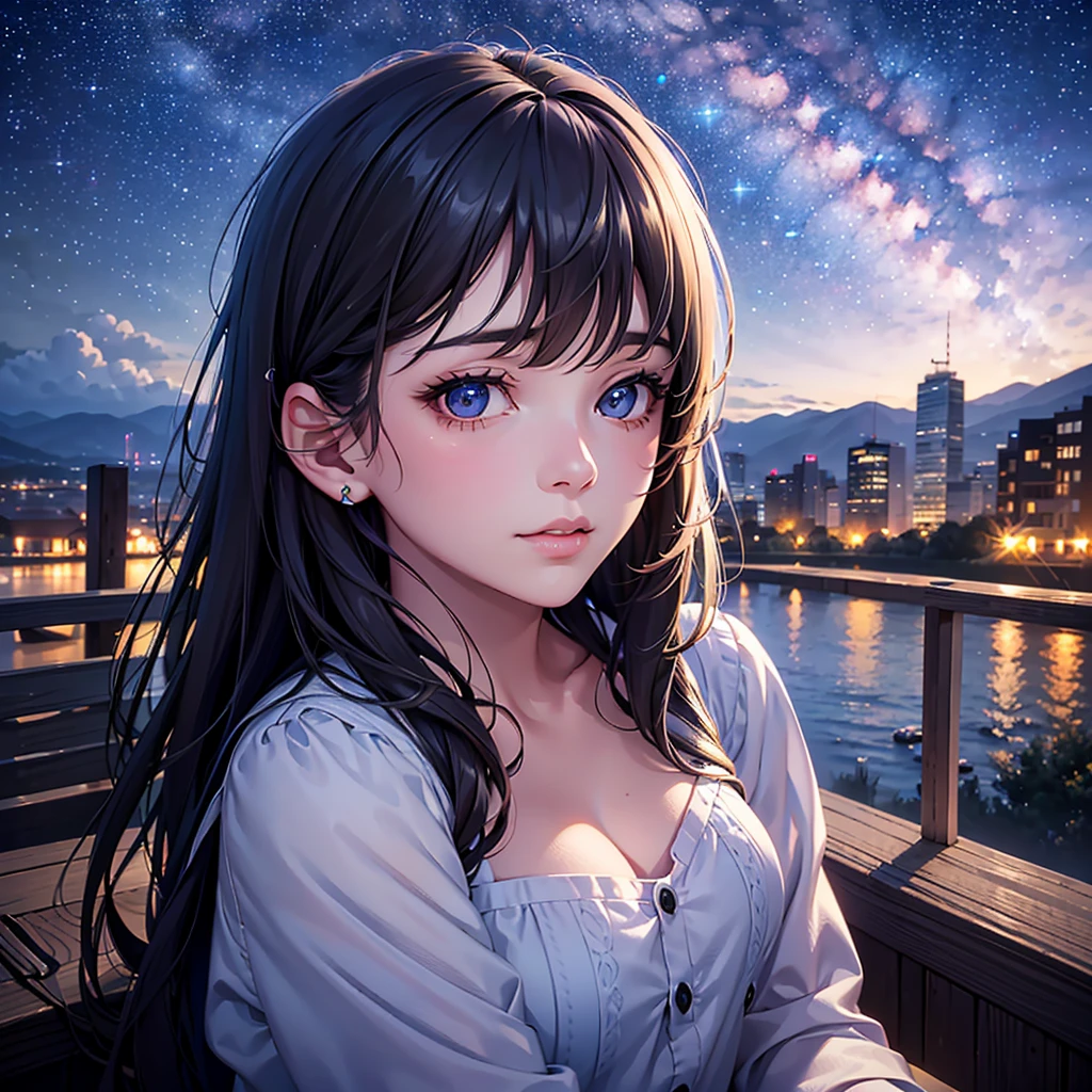 a detailed portrait of a girl sitting outdoors at night, looking up at the starry sky with the milky way, surrounded by a night cityscape with buildings silhouetted against the night sky, long hair, (best quality,4k,8k,highres,masterpiece:1.2),ultra-detailed,(realistic,photorealistic,photo-realistic:1.37),extremely detailed eyes and face,beautiful detailed eyes,beautiful detailed lips,longeyelashes,octans,sky,stars,scenery,starry night,night,1girl,night sky,solo,outdoors,building,cloud,milky way,sitting,tree,city,cityscape