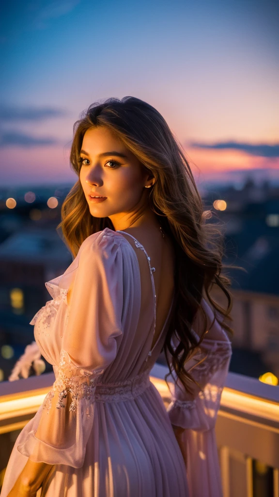 ((A high-resolution, beautiful woman, wearing a fluttering nightgown, standing on a balcony, sunset sky, detailed facial features, long flowing hair, elegant pose)), ((fluttering night gown)), ((penthouse balcony)), ((motion blur)), ((supermodel beauty)), ((majestic beauty atmosphere), (shimmer), (visual experience), (Realism), (Realistic), award-winning graphics, dark shot, film grain, extremely detailed, All captured with sharp focus.