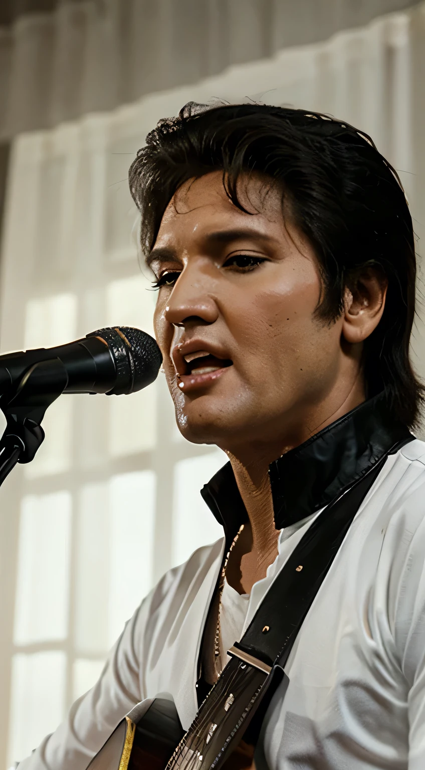 Crie uma imagem close UP corpo inteiro de Elvis Presley, singing for fans best quality High quality