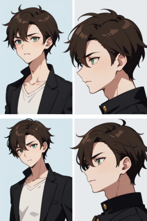 I need a tough boy who is submissive but with brown hair and pastel green eyes, anime boy, cute but he comes from a BL with pastel colors with nice, light and short hair that is close to brown, his face is tender and his height is not that tall, put him from the front and alone and give him to me in all his angles, he is gay