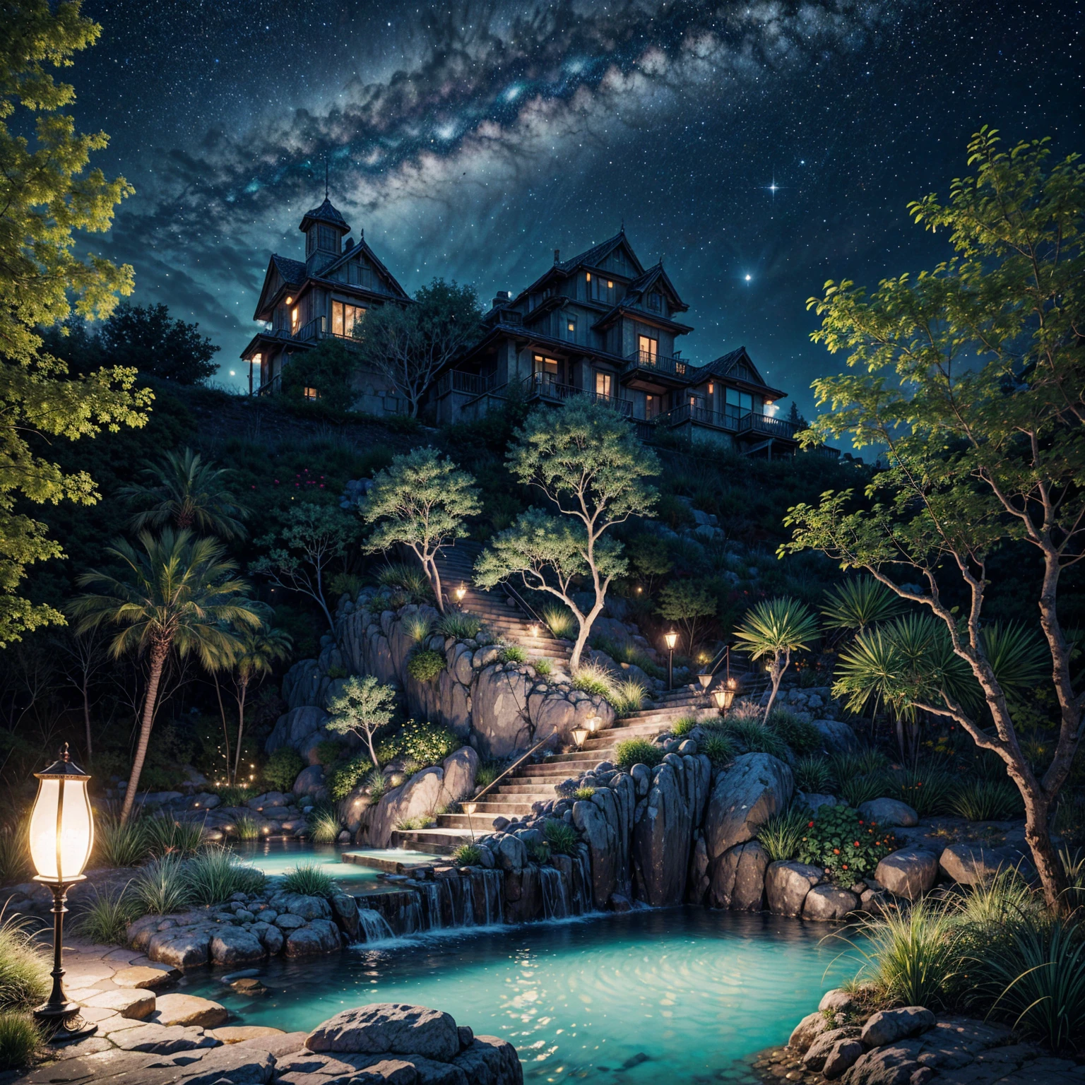 A stunning illustration of an Island oasis under the moonlight, rendered in lavish digital painting, depicting a tranquil utopia bathed in an ethereal, soft blue glow, with delicate silver glitter dispersed across the lush, emerald-green foliage and powdery white sandy shores, exuding a sense of serene luxury, evoking the dreamlike quality of a cinematic fantasy, with vibrant accents of turquoise and amber, set against a backdrop of dark, starry skies, infused with an air of mystique and romance, in ultra-high resolution, best quality.