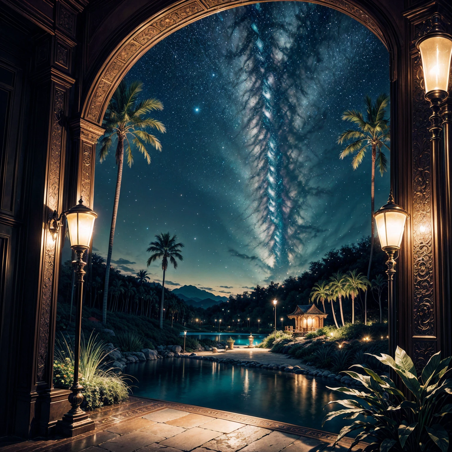 A stunning illustration of an Island oasis under the moonlight, rendered in lavish digital painting, depicting a tranquil utopia bathed in an ethereal, soft blue glow, with delicate silver glitter dispersed across the lush, emerald-green foliage and powdery white sandy shores, exuding a sense of serene luxury, evoking the dreamlike quality of a cinematic fantasy, with vibrant accents of turquoise and amber, set against a backdrop of dark, starry skies, infused with an air of mystique and romance, in ultra-high resolution, best quality.