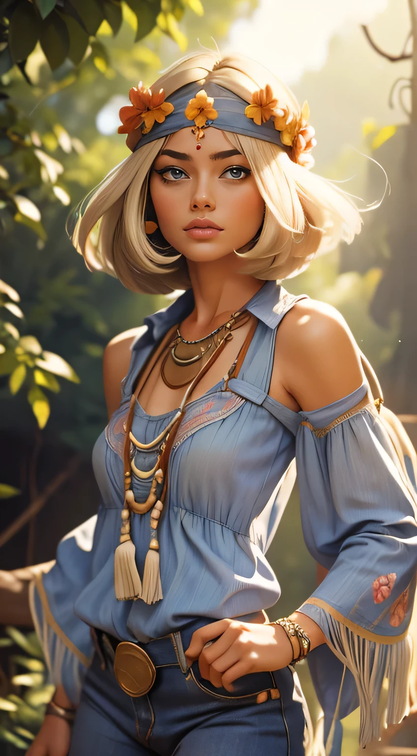 RAW photo of 50 years old Doutzen Kroes, dressed in blue peasant blouse paired with bell-bottom jeans and fringe accessories. She wears a headband or flower crown in her long, flowing hair. The setting is a bohemian-inspired outdoor music festival or a peaceful nature backdrop, capturing the free-spirited and laid-back vibe of the era 60Retro69Punch75, beautiful woman, medium breasts, platinum blond hair, (bob haircut:1.2), wrinkles on the face,
