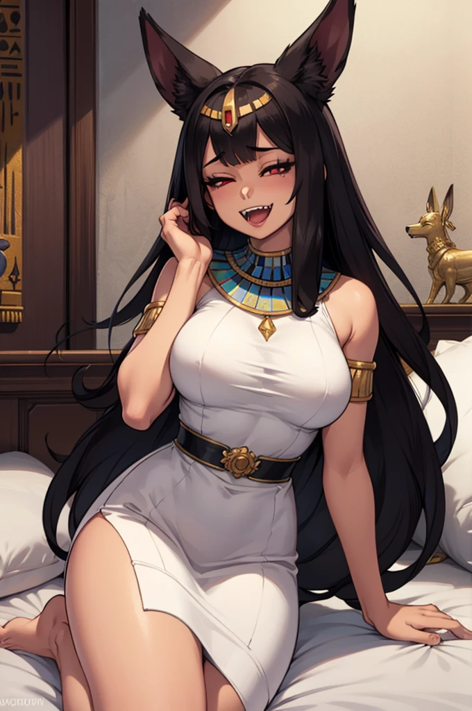 ((masterpiece, egypt themed)), 1girl, solo, upper art, brown hair, very long hair, very straight hair, red eyes, looking at viewer, nonchalant face, white sexy dress, anubis ears, egypt bedroom background, giant breasts, bangs, looking to side, side pose, dark skin, brown skin, dog fangs, laughing, almost closed eyes,