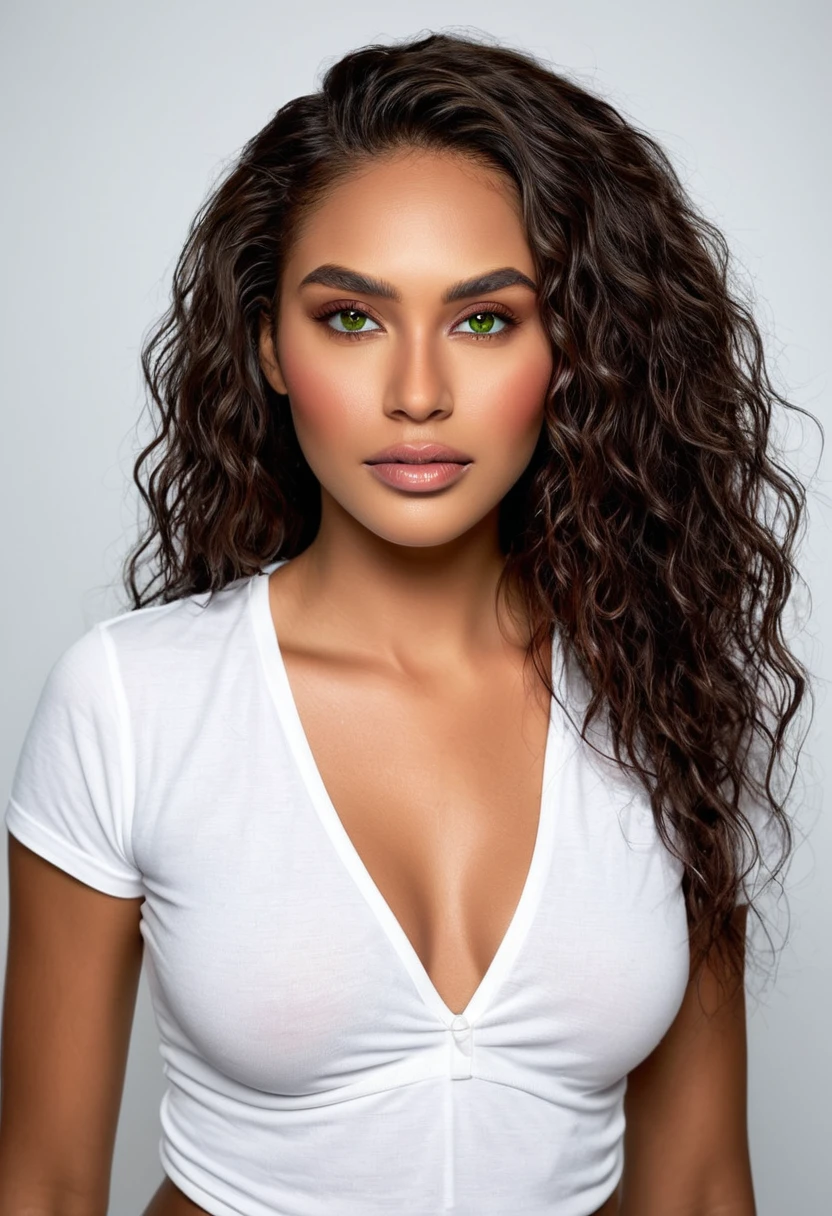 Sexy woman wearing a white low-cut t-shirt and white short shorts posing for a photo in the studio. a beautiful woman, beautiful Latin face, Brazilian supermodel, stunning, stunning beauty, Angolan descent, most beautiful woman in the world, jaw-dropping beauty, young adult 30 years old, She has an exotic beauty, native Brazilian, tall woman, a stunning black African woman, with indigenous features, beautiful indigenous girl, ((An indigenous African girl with European ebony)), ((her beauty is undeniable)), beautiful young black woman with dark skin, tanned Mexican. *hair: Curly black hair with brown highlights, Voluminous black hair with brown highlights, vibrant and dynamic cut with soft waves. *eyes: green and expressive eyes, beautiful green eyes, realistic green eyes, detailed green eyes, ultra realistic, symmetrical, hyper realistic, (eyeliner, long eyelashes), intense and penetrating look, seductive, mysterious and charming look, magnetism look, attraction and fascination. * Eyebrows: Perfect eyebrows that arch gracefully above the eyes and are thick. * the nose is small and proportional to the face and the soft contour of the face that accentuates the high cheekbones. *Mouth: Attractive and irresistible mouth, well-defined lips, full lips, voluminous lips, seductive lips, captivating, striking, unforgettable, mischievous, sexy, your features are captivating, seductive expression, a seductive smile is enigmatic *Face shape: O the face is oval, with high cheekbones and a well-defined chin, a beautiful and detailed face. *Makeup: Makeup is subtle, but highlights natural features. Skin Tone: Olive skin, healthy and even glow, with olive skin, dark skin, sexy girl with olive skin, detailed skin texture, beautiful and glowing skin, intricate details, smooth skin, healthy and radiant appearance. *body: attractive and slim woman, medium bust, athletic, thin waist, wide hips, big butt, thick thighs, shapely legs. A woman posing for a full body photo, sexy and dynamic 