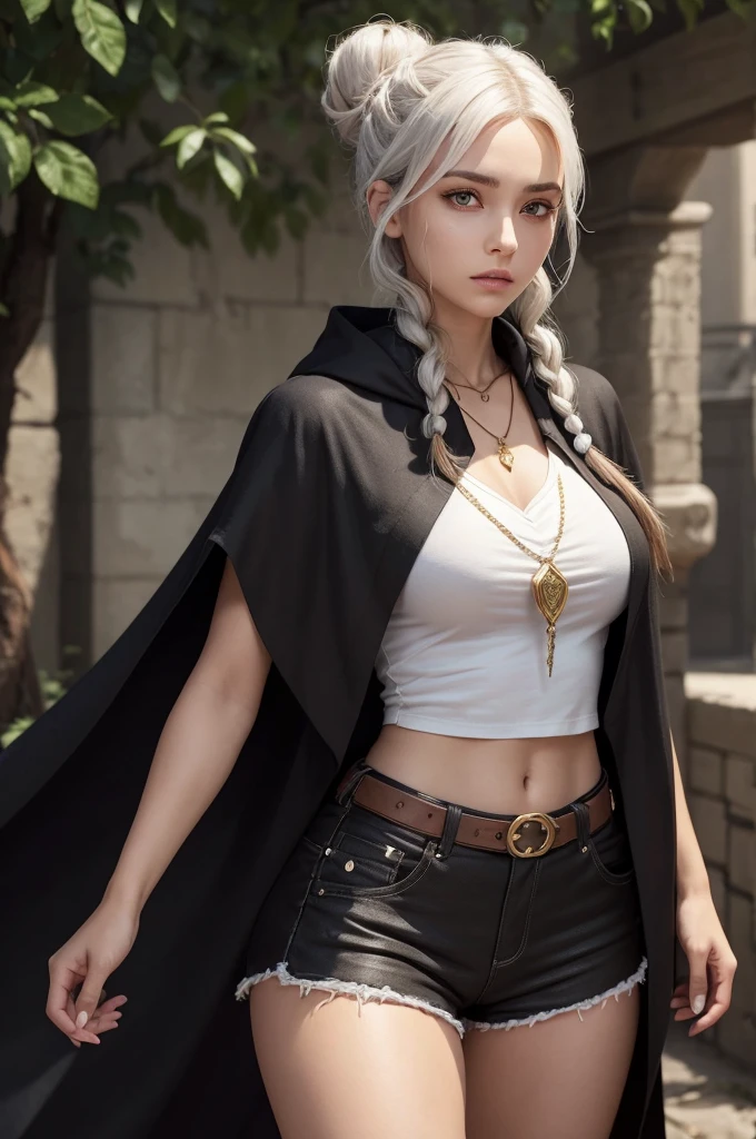 A female character in rpg style, more paranormal investigator style, With brown skin/Olive, she will have white hair with several braids tied in a bun, a necklace with a black stone pendant, a white shirt and shorts, She also wears a black short-sleeved cloak, This cloak has some symbols in gold. The pupils of the eyes are extremely dark, and she has a slightly different scar below her left eye