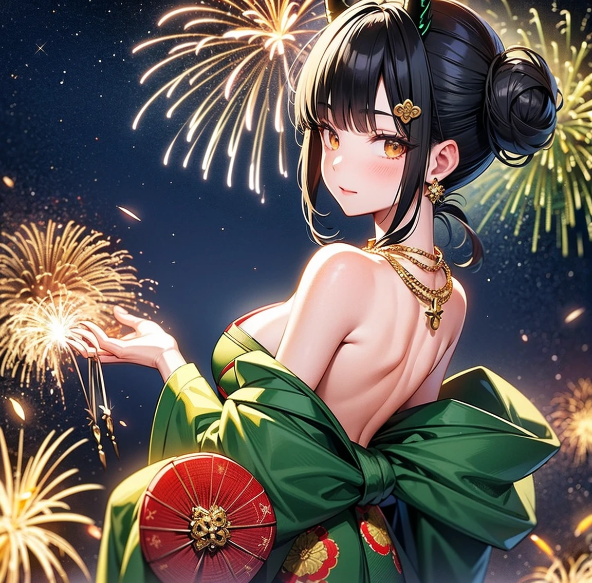 1 person、Green gorgeous kimono、,race,Black Hair、Short bun hair、hair ornaments、necklace、back、Golden devil horns、Anatomically correct,Fireworks in the night sky、