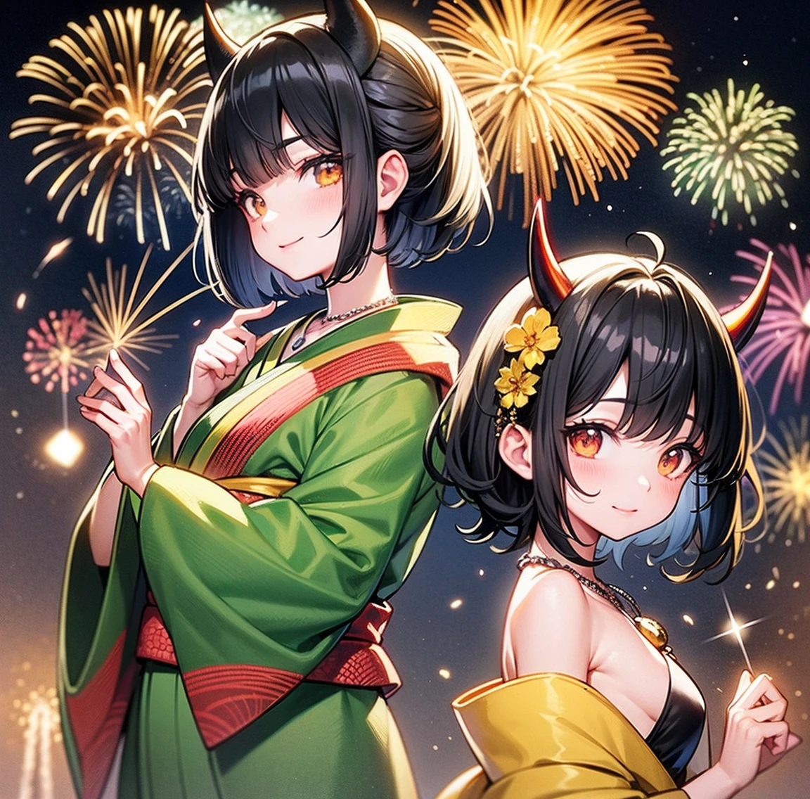 1 person、Green gorgeous kimono、,race,Black Hair、Short bun hair、hair ornaments、necklace、back、Golden devil horns、Anatomically correct,Fireworks in the night sky、