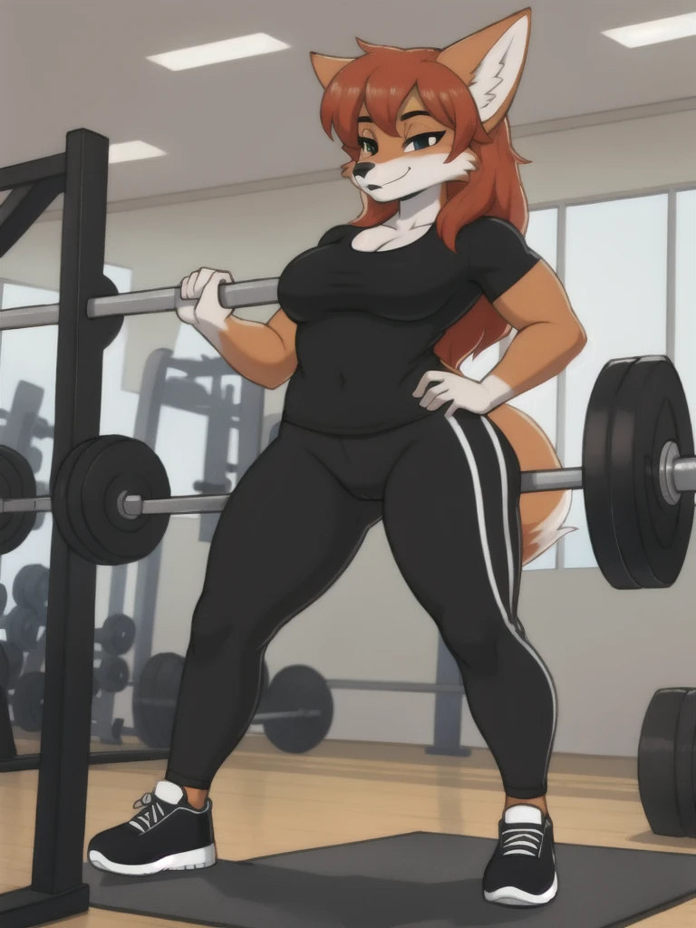 Furry, fox, female, black shirt, black leggings, shoes, gym, teen, standing, full body