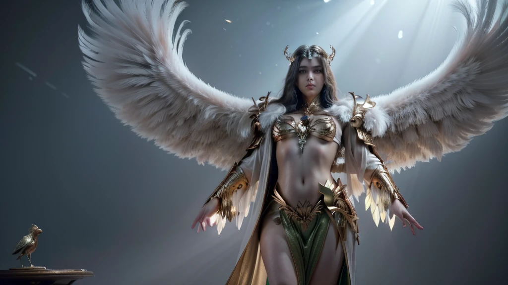 (Numerous award-winning masterpieces, with incredible detail, textures and maximum detail), (hyper realistic:1.4), (realistic:1.3), (best quality real texture skin), (finely detailed true circle Symmetrical eyes), finely detailed face, ((medieval world)), ((The Lord's Arch Angel)), ((The Lord's White Angel)), (icy look in the eye), A beautiful Korean+Chinese Girl 15yo, (She has a mischievous smile on her face), (Eyes that glow gold in the dark:1.5), (Angel dancing in the background), (Dramatic Light), (A majestic sight), (Her countenance is gentle and beautiful, but somehow terrifying), ((Large 6 white wings with feathers behind shoulders)), (((Arch Angel wings))), Glass Luxury earrings on the ears, (((dramatic photo))), (twilight), (sunset), (dusk), (Seducing Pose), ((dramatic pose)), (silver hair), (chestnut hair), Long hair, ((Full-length portrait)), ((looks up)), ((looking down)), ((full-body standing image)), ((gives full-body standing image)), (Around her neck is a Luxury necklace), (Swirling flames), (Swirling lightning), (swirling ice and snow), Old ruins infested with plants, great temple, great cathedral, temple ruins, detached temple, Luminous magic circle, Ruins of an ancient castle, Deserted ruins, crumbling ruins, Ancient ruins with clear water, wavelets, running water, Shining majestic cloud masses and sky, lightning bolt, epic realistic, ((neutral colors)), (hdr:1.5), (muted colors:1.2), hyper detailed, cinematic, warm lights, dramatic light, (intricate details:1.1), complex background, space