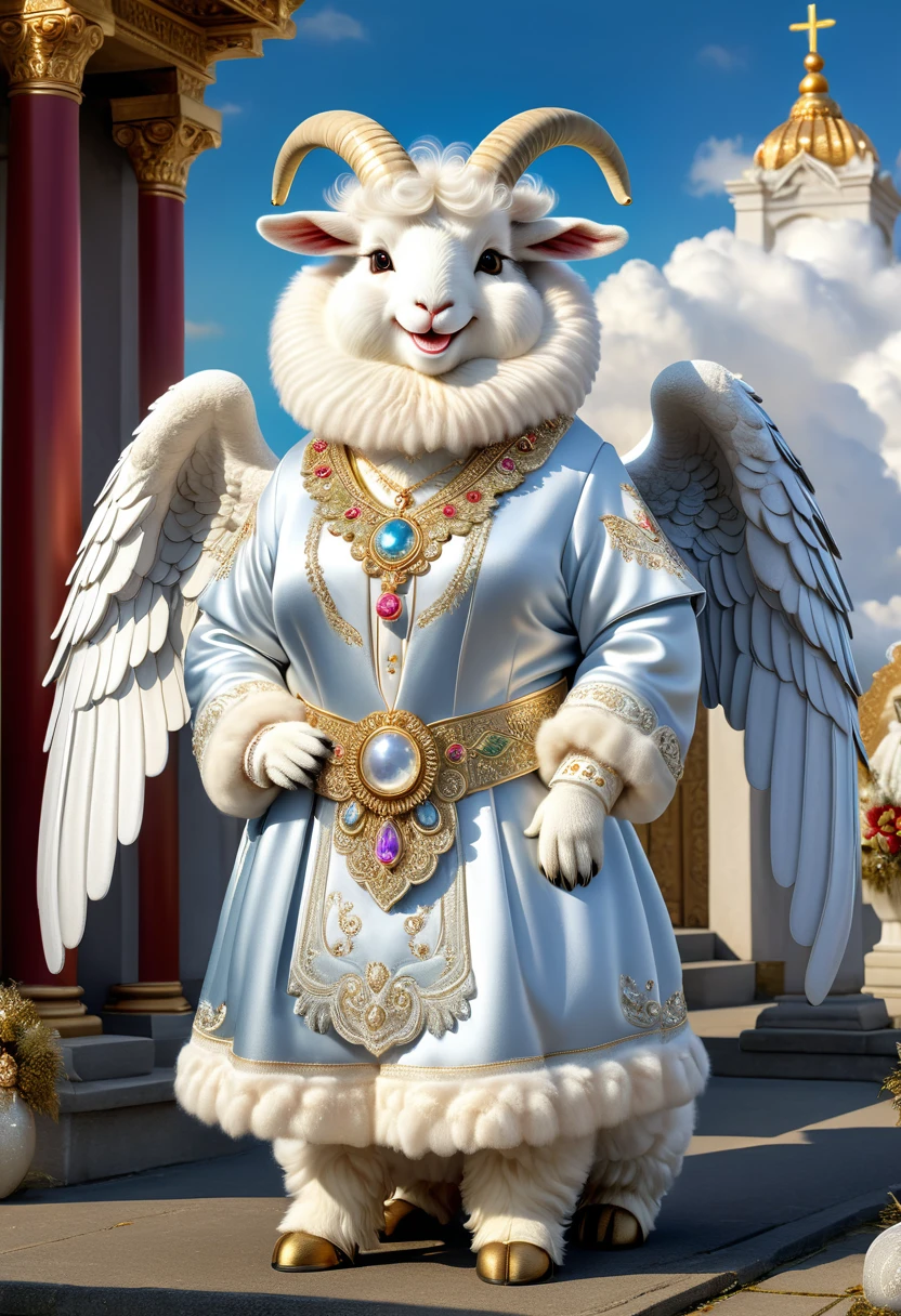 photorealistic portrait of Dressed animals-a ((fat)) ((angora goat)) angel,(furry:1.5), (elegant pose:1.5), (hands on hips:1.5),(smile:1.5),high quality,(angel wings),(lovely) ,intricate details, Wearing angel clothes , (angel's ring above head), highly detailed ((angel wings)) ,highly detailed decorations of clothes, angel boots , (happy), soft lighting,(full body image:2.0),holy temple background,(clouds),