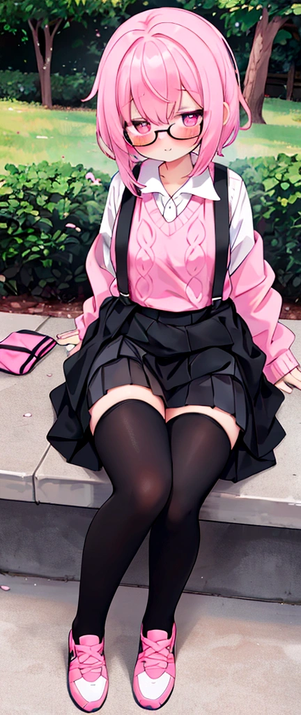pink hair, black glasses, pink eyes, extremely blushing, a big pink sweater, a short black skirt with suspenders, some running around the waist, black stockings, white tennis shoes, a reserved girl who is sitting in a park