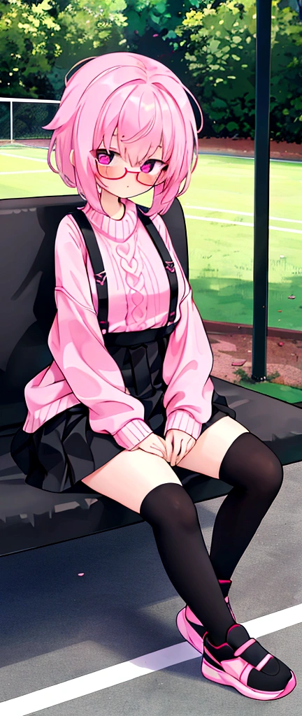 pink hair, black glasses, pink eyes, extremely blushing, a big pink sweater, a short black skirt with suspenders, some running around the waist, black stockings, white tennis shoes, a reserved girl who is sitting in a park