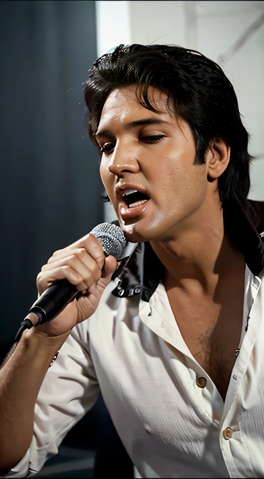 Crie uma imagem close UP corpo inteiro de Elvis Presley, singing for fans best quality High quality