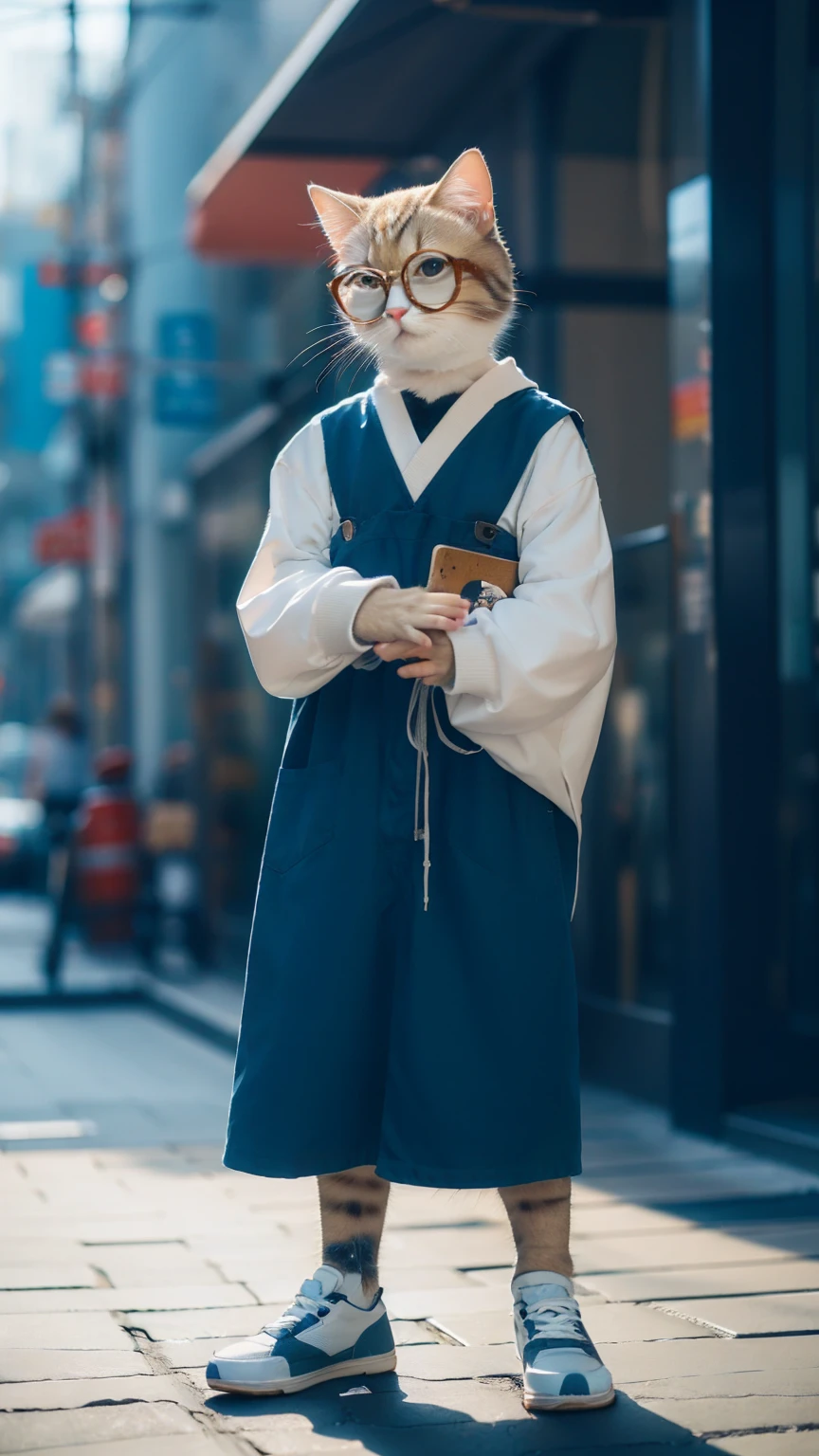 HDR, UHD,8K, highly detailed, realistic, photo-realistic:1.37), best quality, masterpiece, maomi, blurry background. Square-shaped glasses. Glasses with small frames. Glasses with the thickest rims. Formal Japanese attire. standing, Gestures of both hands. solo, outdoors, full body,  shoes, depth of field. smiling while looking at the camera. The image should be photorealistic and detailed. whole body, entire body, upright stance.