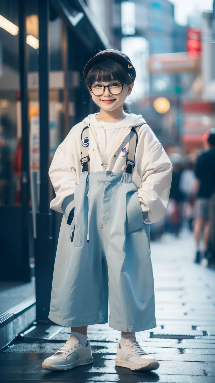 HDR, UHD,8K, highly detailed, realistic, photo-realistic:1.37), best quality, masterpiece, maomi, blurry background. Square-shaped glasses. Glasses with small frames. Glasses with the thickest rims. Formal Japanese attire. standing, Gestures of both hands. solo, outdoors, full body, shoes, depth of field. smiling while looking at the camera. The image should be photorealistic and detailed. whole body, entire body, upright stance.