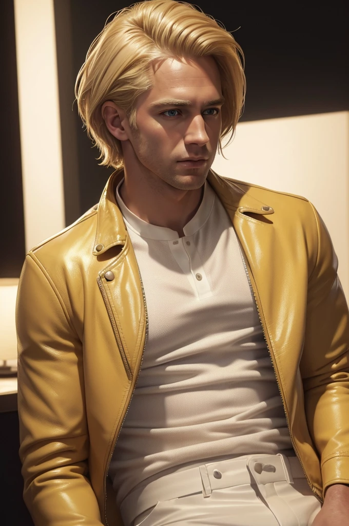 blonde haired golden-haired american man, short hair, young adult, wearing pastel yellow leather jacket, white shirt underneath, black leather pants, calm expression, (best quality,4k,8k,highres,masterpiece:1.2),ultra-detailed,(realistic,photorealistic,photo-realistic:1.37),highly detailed portrait,cinematic lighting,dramatic lighting,warm color tones,fashion portrait