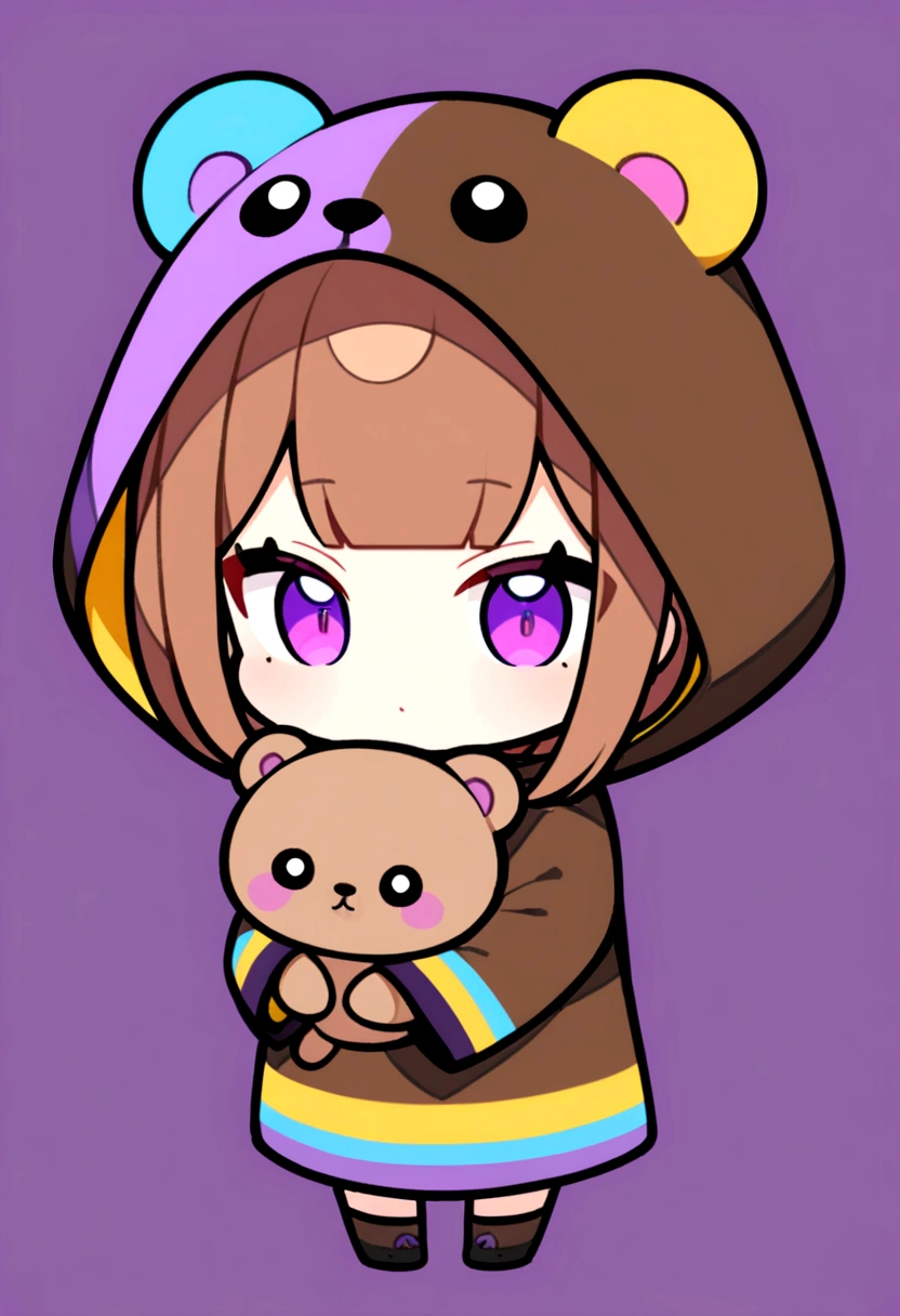 bangs bangs、Bangs、Crisp bangs、long brown hair、Wearing a dark brown bear hood、茶髪ロングのChibi Character、Wearing a dark brown bear ear hooded blanket、Purple Eyes、Purple betta background、Chibi Character、Holding a teddy bear、Bear face hood