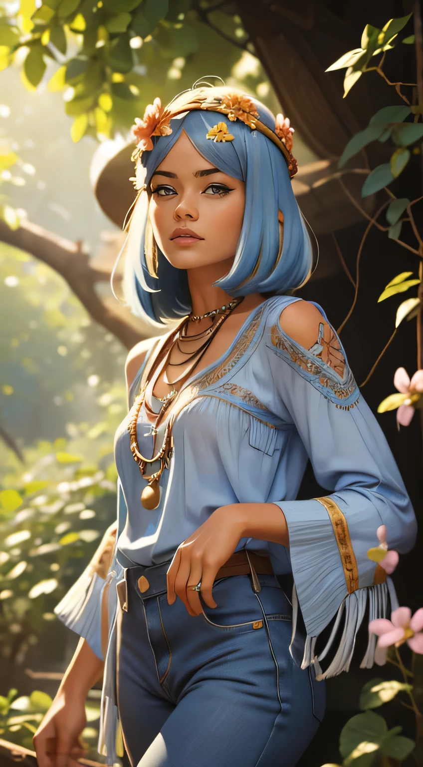 RAW photo of 50 years old Doutzen Kroes, dressed in blue peasant blouse paired with bell-bottom jeans and fringe accessories. She wears a headband or flower crown in her long, flowing hair. The setting is a bohemian-inspired outdoor music festival or a peaceful nature backdrop, capturing the free-spirited and laid-back vibe of the era 60Retro69Punch75, beautiful woman, medium breasts, platinum blue hair, (bob haircut:1.2), wrinkles on the face,