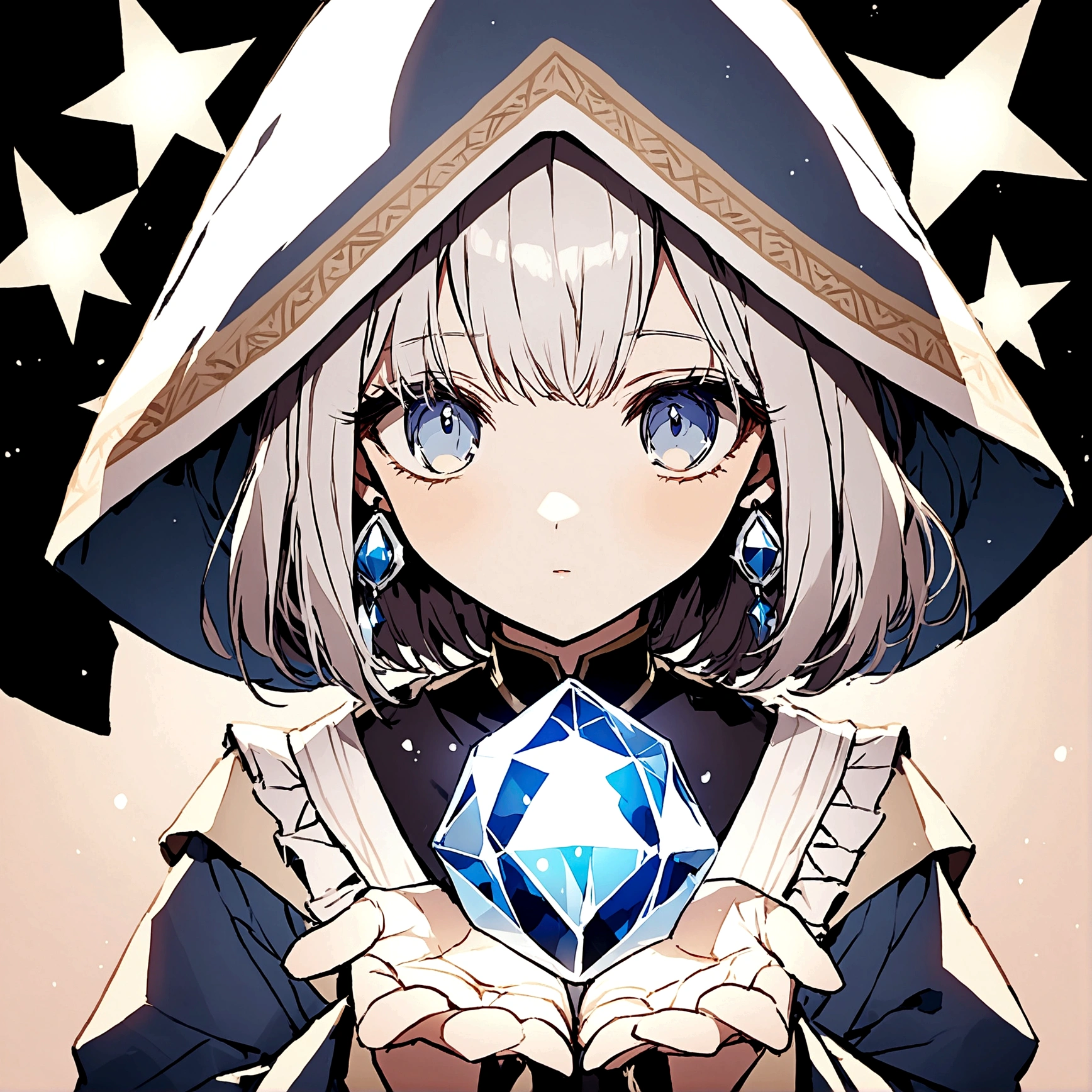 Create an image of a fortune teller.
Eve's face from the front, dressed in white and holding a crystal.
Gold accents,
a black background with a shooting star