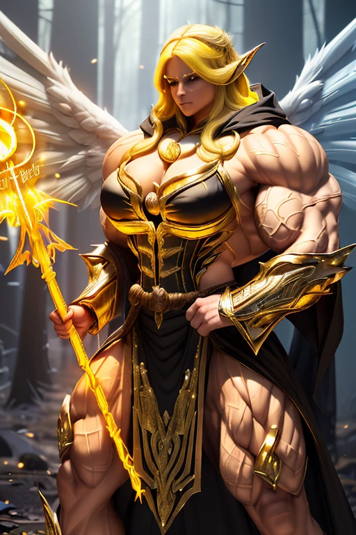 ((((Massive, tall, beautiful, buff, muscular brown skinned woman mage with yellow hair, ginormous bulky muscles, huge angel wings, holding a yellow mage staff and wearing a beautiful hooded black enchanted robe with long long skirt)))), (close-up view), vascular, massive muscle, massive biceps, hyper muscle shoulders, hyper muscle triceps, (flowing long hair), gray eyes, (wearing a long extremely intricate robes, long magical robes), (black mage boots), smirk, black gauntlets, (in a yellow Mystical forest), evening, Vascular arms, hyper vascular arm, hyper muscles arms, hyper muscle legs, massive arms.