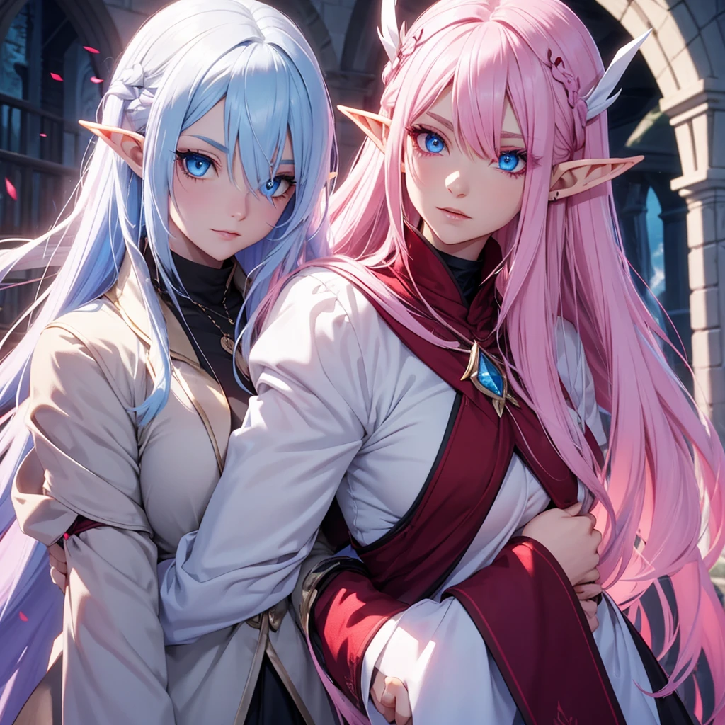 half-elf with blue eyes and pink hair dating a vampire with white hair and red eyes