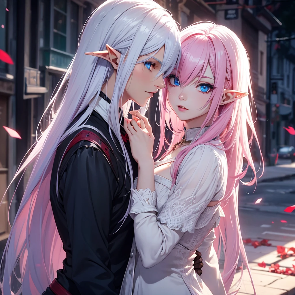 half-elf with blue eyes and pink hair dating a vampire with white hair and red eyes