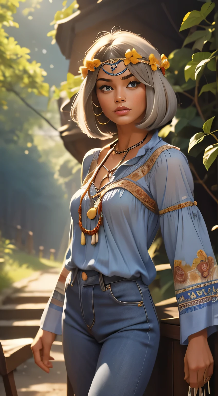 RAW photo of 50 years old Doutzen Kroes, dressed in blue peasant blouse paired with bell-bottom jeans and fringe accessories. She wears a headband or flower crown in her long, flowing hair. The setting is a bohemian-inspired outdoor music festival or a peaceful nature backdrop, capturing the free-spirited and laid-back vibe of the era 60Retro69Punch75, beautiful woman, medium breasts, platinum grey hair, (bob haircut:1.2), wrinkles on the face,