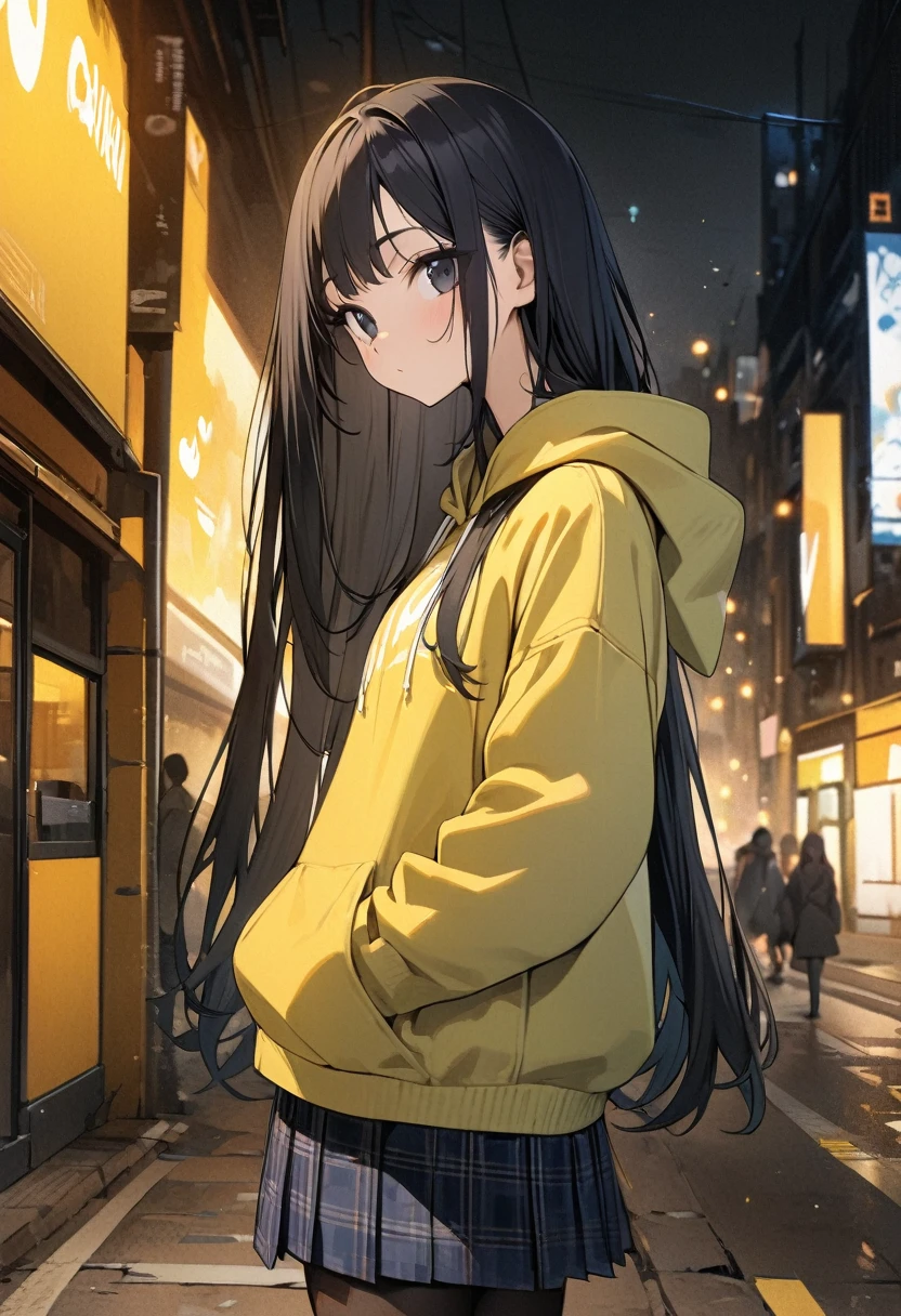 (BEST QUALITY), (MASTERPIECE), illustration, Extremely_detail, 4k wallpaper , 1 girl, tall girl, yellow street hoodie, black plaid skirt, black tights, blue jeans, 18 years old , black Hair, long hair, black eyes, cute, beautiful, Background of the city