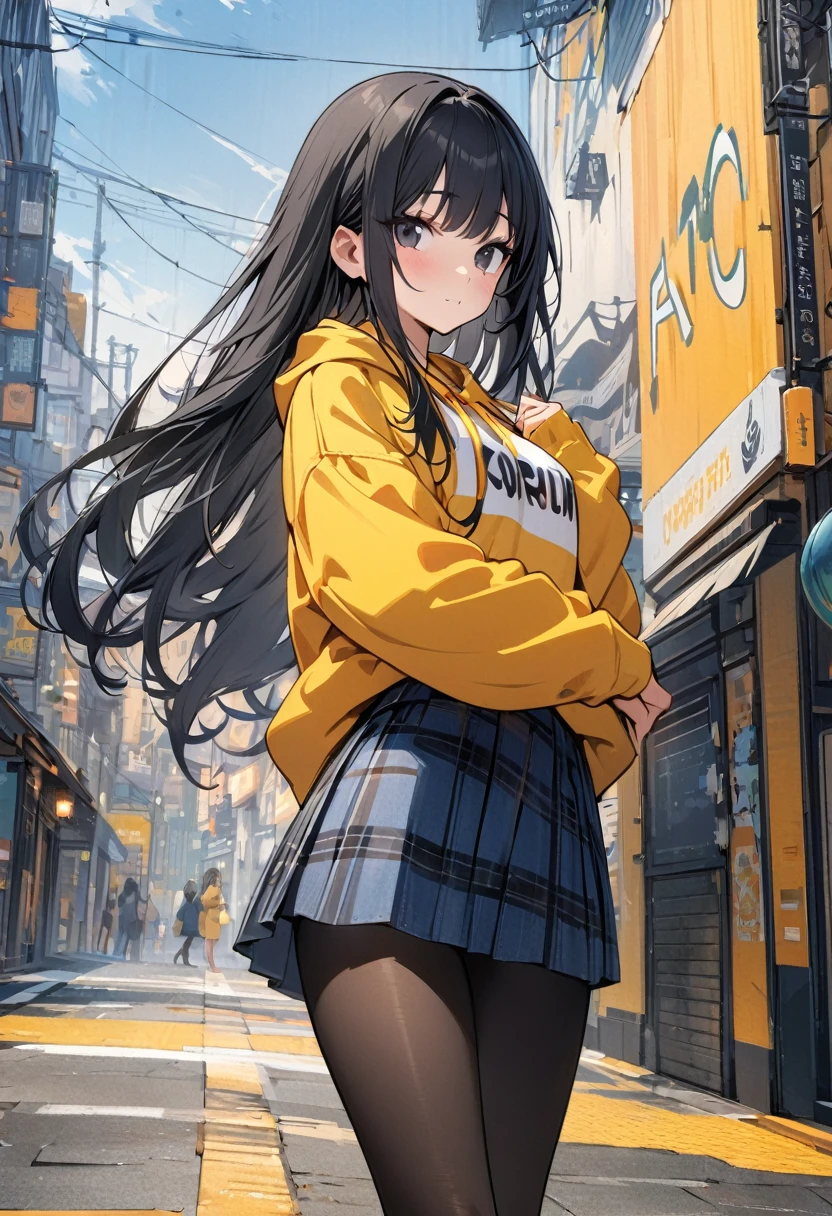 (BEST QUALITY), (MASTERPIECE), illustration, Extremely_detail, 4k wallpaper , 1 girl, tall girl, yellow street hoodie, black plaid skirt, black tights, blue jeans, 18 years old , black Hair, long hair, black eyes, cute, beautiful, Background of the city