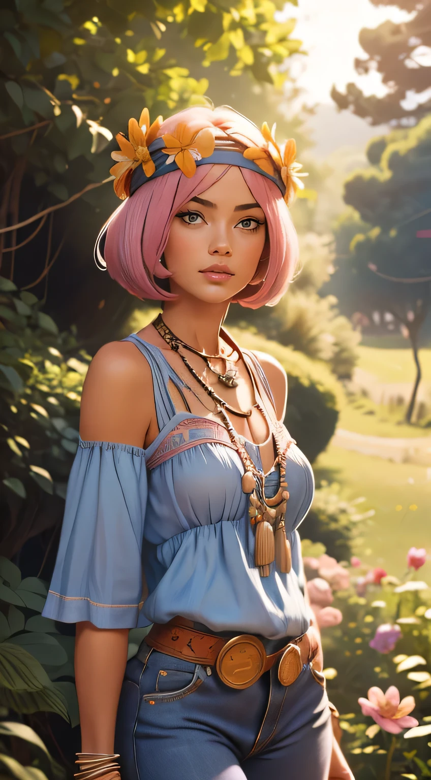 izacryss,, full body shot, 1girl, standing in a crystal clear tropical island lagoon. Abundance of light reflecting off the water. Mist. Large waterfall and rock formation in the background. Sunny day. vibrant light. Wearing cropped White Knitted Women's Tied Top (pink) and a skirt. deep cleavage, 32 inch medium size beautiful breast, Slight smirk. Perfect eyes, highly detailed beautiful expressive eyes, detailed eyes. 35mm photograph, film, bokeh, professional, 4k, highly detailed dynamic lighting, photorealistic, 8k, raw, rich, intricate details, key visual, vivid colors