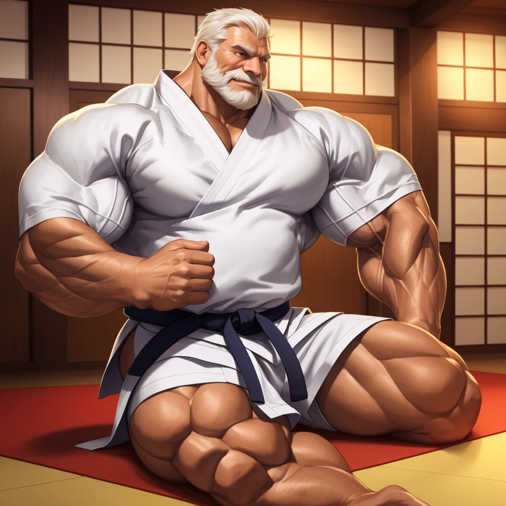 solo, 1boy, perfect anatomy, ground view, wrinkles skin, low shoot, down view, perfect proportion, thick body, thick thighs, sharp eyes, big eyes, smile, perfect fingers, big hand, fingers. Huge Muscular Old man with short hair, karate uniform, sitting in floor, in the dojo,(karate uniform:1.2), view from side, pectoral, thick arms, huge pectoral, wide pectoral, white hair, white beards, masterpiece, semirealistic:1.2, high detailed, 8k, high resolution, perfect center, full view. ((really big muscle, massive muscular, sixpack, thick arms, wide pectoral, super huge muscle, hyper muscular, over sized muscle, huge arms, big arms, huge pectoral))