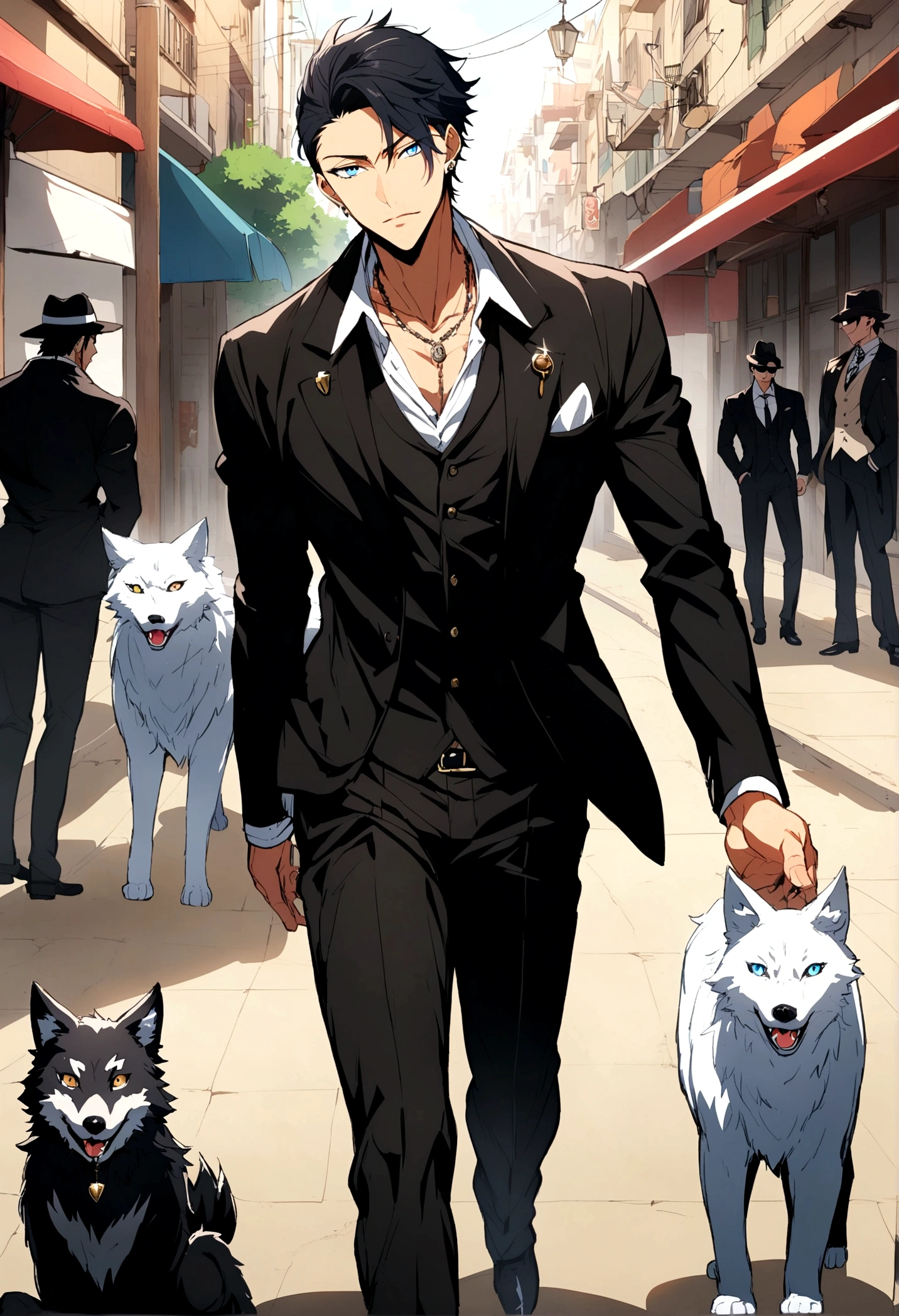 Anime, male, black hair, wolf, mafia, cool, blue eyes, ikemen, aesthetic, cool, nekomimi, black suit, casual
