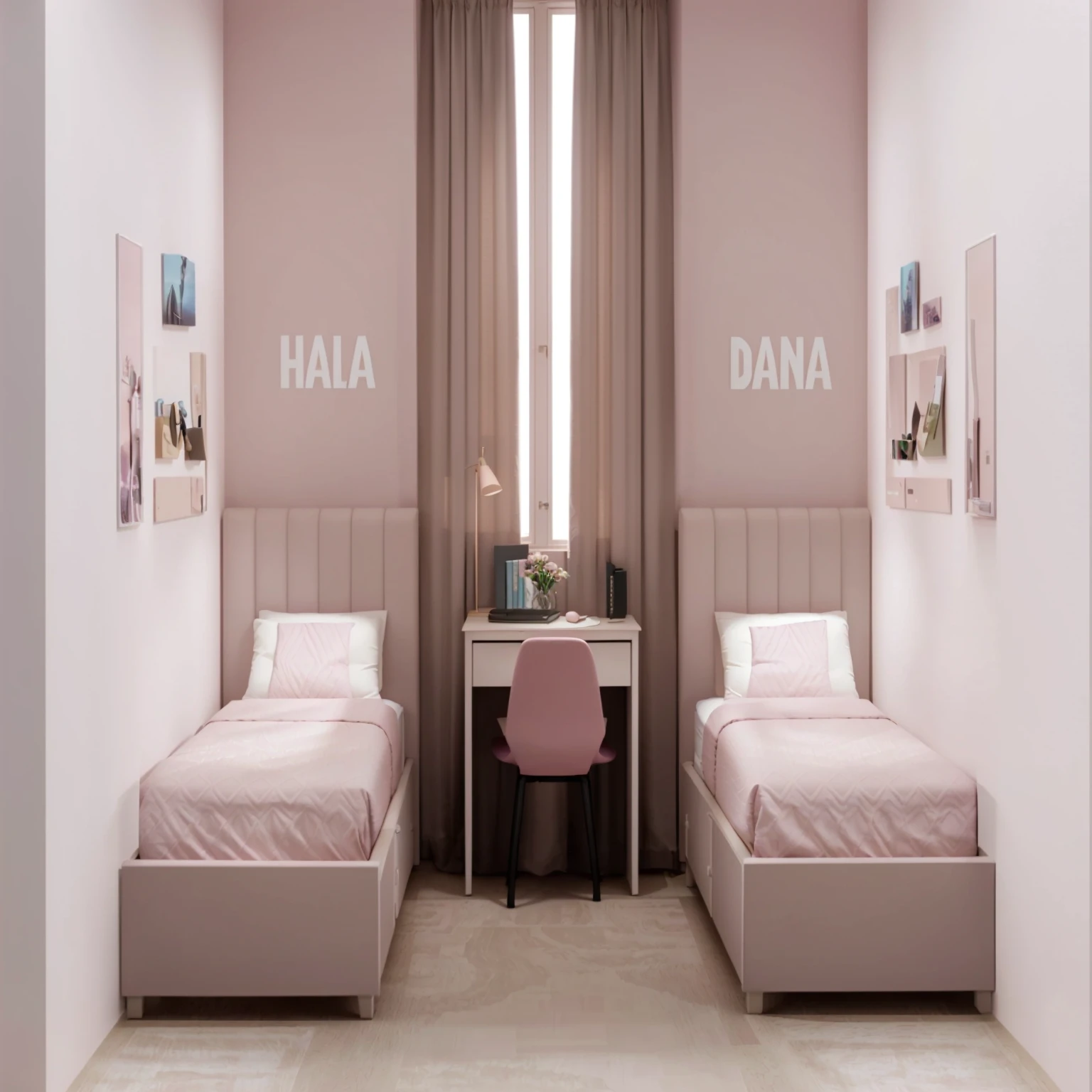 there are two beds in a room with a desk and a chair, dall - e 2, dall-e 2, hana alisa omer, by Galen Dara, dall - e, with soft pink colors, with names, realistic 3 d style, liana, brightly lit pink room, sand - colored walls, pastel dull colors, the walls are pink, dim bedroom