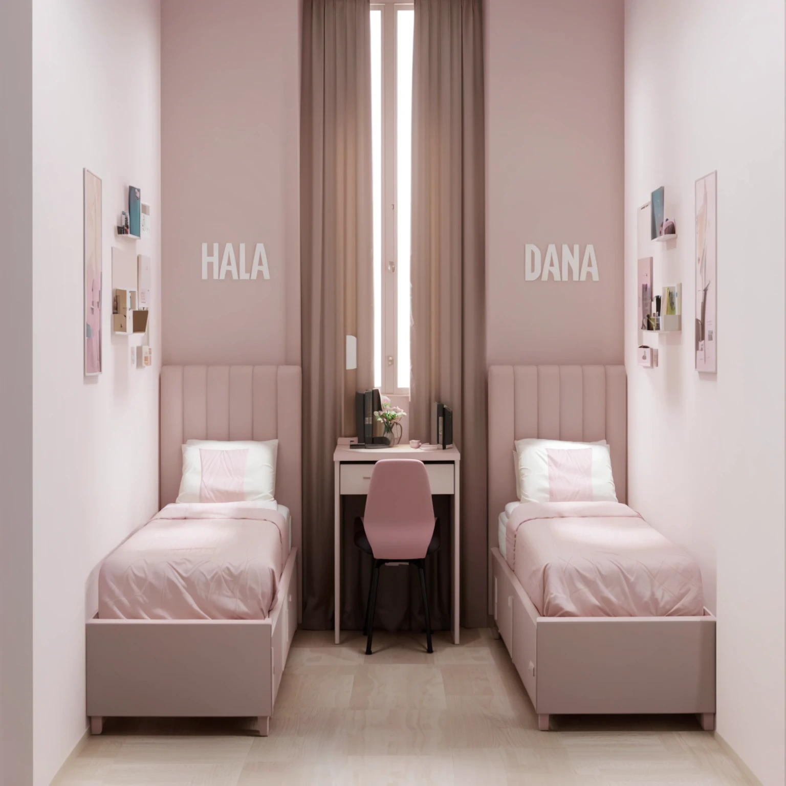 there are two beds in a room with a desk and a chair, dall - e 2, dall-e 2, hana alisa omer, by Galen Dara, dall - e, with soft pink colors, with names, realistic 3 d style, liana, brightly lit pink room, sand - colored walls, pastel dull colors, the walls are pink, dim bedroom