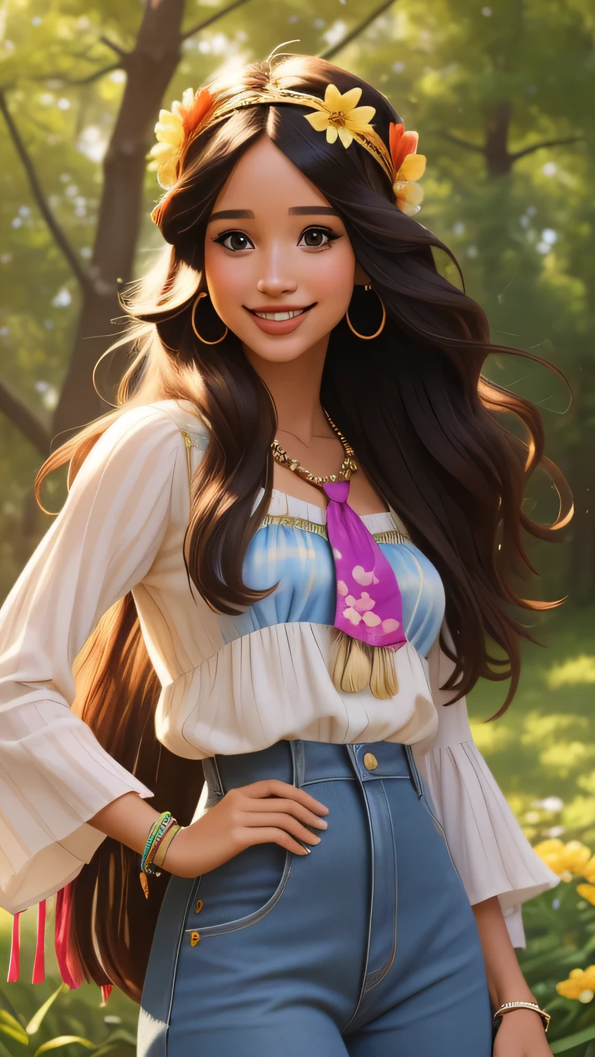 Foto hiperrealista en primer plano de Kelsey Asbille, dressed in a tie-dye maxi dress or a peasant blouse paired with bell-bottom jeans and fringe accessories. She wears a headband or flower crown in her long, flowing hair. The setting is a bohemian-inspired outdoor music festival or a peaceful nature backdrop, capturing the free-spirited and laid-back vibe of the era 60Retro69Punch75, beautiful woman, skinny, large big breasts, black long hair, detailed face, smile, facing the camera, photo taken from a distance, age of 25 years old