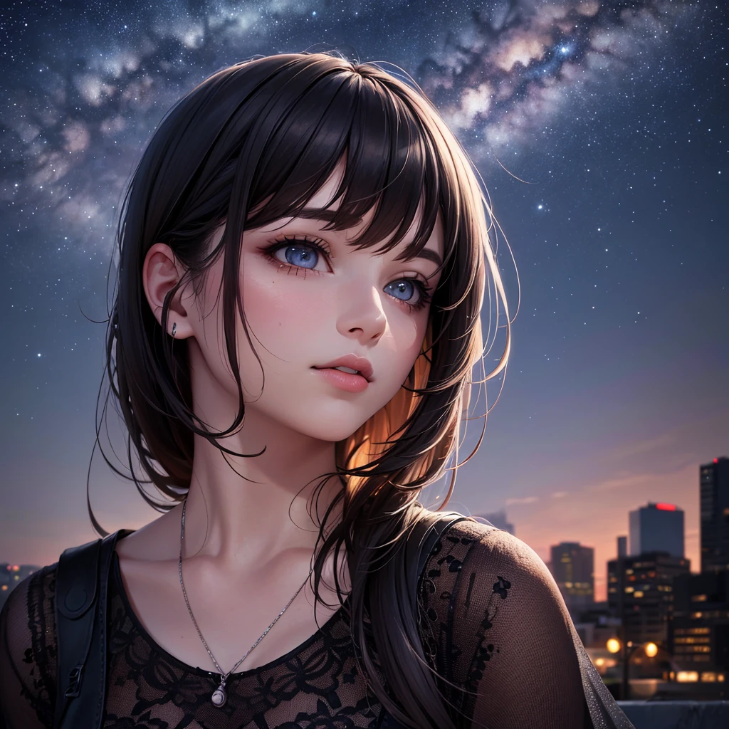 a detailed portrait of a girl sitting outdoors at night, looking up at the starry sky with the milky way, surrounded by a night cityscape with buildings silhouetted against the night sky, long hair, (best quality,4k,8k,highres,masterpiece:1.2),ultra-detailed,(realistic,photorealistic,photo-realistic:1.37),extremely detailed eyes and face,beautiful detailed eyes,beautiful detailed lips,longeyelashes,octans,sky,stars,scenery,starry night,night,1girl,night sky,solo,outdoors,building,cloud,milky way,sitting,tree,city,cityscape