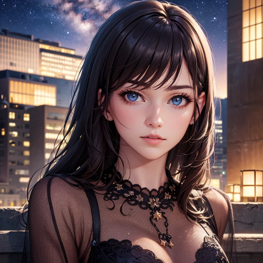 a detailed portrait of a girl sitting outdoors at night, looking up at the starry sky with the milky way, surrounded by a night cityscape with buildings silhouetted against the night sky, long hair, (best quality,4k,8k,highres,masterpiece:1.2),ultra-detailed,(realistic,photorealistic,photo-realistic:1.37),extremely detailed eyes and face,beautiful detailed eyes,beautiful detailed lips,longeyelashes,octans,sky,stars,scenery,starry night,night,1girl,night sky,solo,outdoors,building,cloud,milky way,sitting,tree,city,cityscape