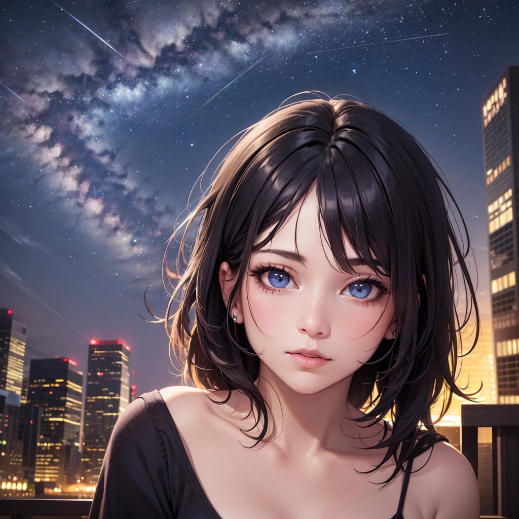 a detailed portrait of a girl sitting outdoors at night, looking up at the starry sky with the milky way, surrounded by a night cityscape with buildings silhouetted against the night sky, long hair, (best quality,4k,8k,highres,masterpiece:1.2),ultra-detailed,(realistic,photorealistic,photo-realistic:1.37),extremely detailed eyes and face,beautiful detailed eyes,beautiful detailed lips,longeyelashes,octans,sky,stars,scenery,starry night,night,1girl,night sky,solo,outdoors,building,cloud,milky way,sitting,tree,city,cityscape