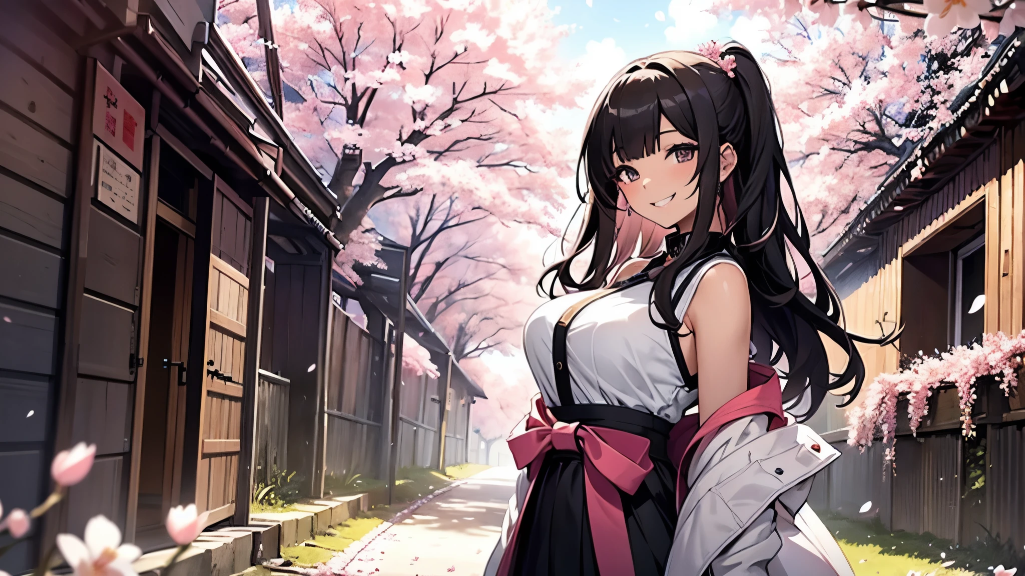 Draw a sexy 20-year-old girl with straight long black hair, smiling while standing in a tunnel of cherry blossoms. She is wearing a mini skirt and a top with a low neckline, emphasizing her figure. The spring light bathes her, with pink petals fluttering in the wind. The background features a blue sky and white clouds, evoking a sense of hope for the future and the beginning of a new season. The girl's gaze is fixed on the future, with a radiant smile that stands out. Capture a scene where her smile blooms under the cherry blossoms, illuminating her bright future.Beautiful big breasts: 1.3