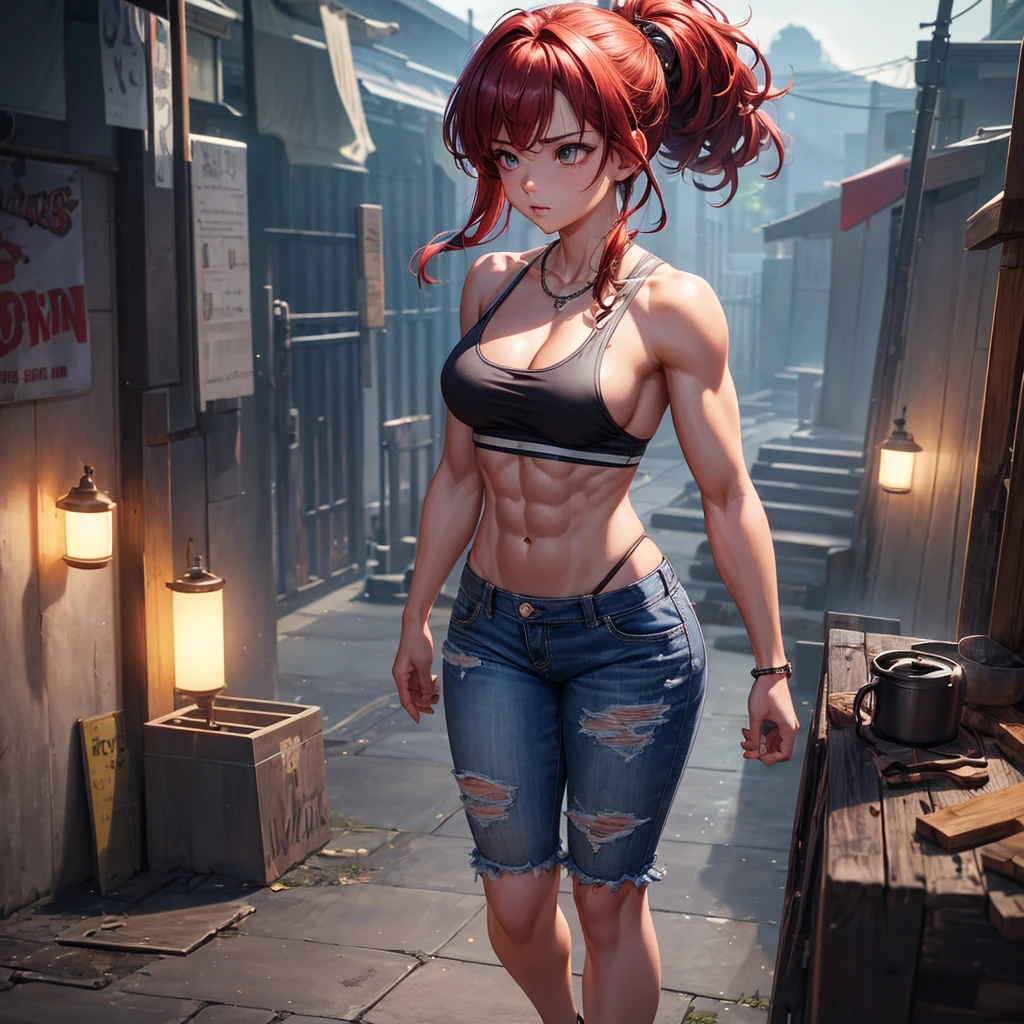a japanese female streetfighter is beated down in the backstreet. A bloodied and bruised female fighter sits with her legs spread. She is cornered against the wall and has a lot of punches from the male fighter. she has lost. she has no will to fight. she has big pain. she is crying. she is damaged terribry. Short-cut black hair, out of breath, drooling from mouth, one eye is closed, exhausted, drenched in sweat. Erect nipples, open finger glove, Whittled waistline, muscular, six-pack abs, Ragged tanktop and denim shorts.