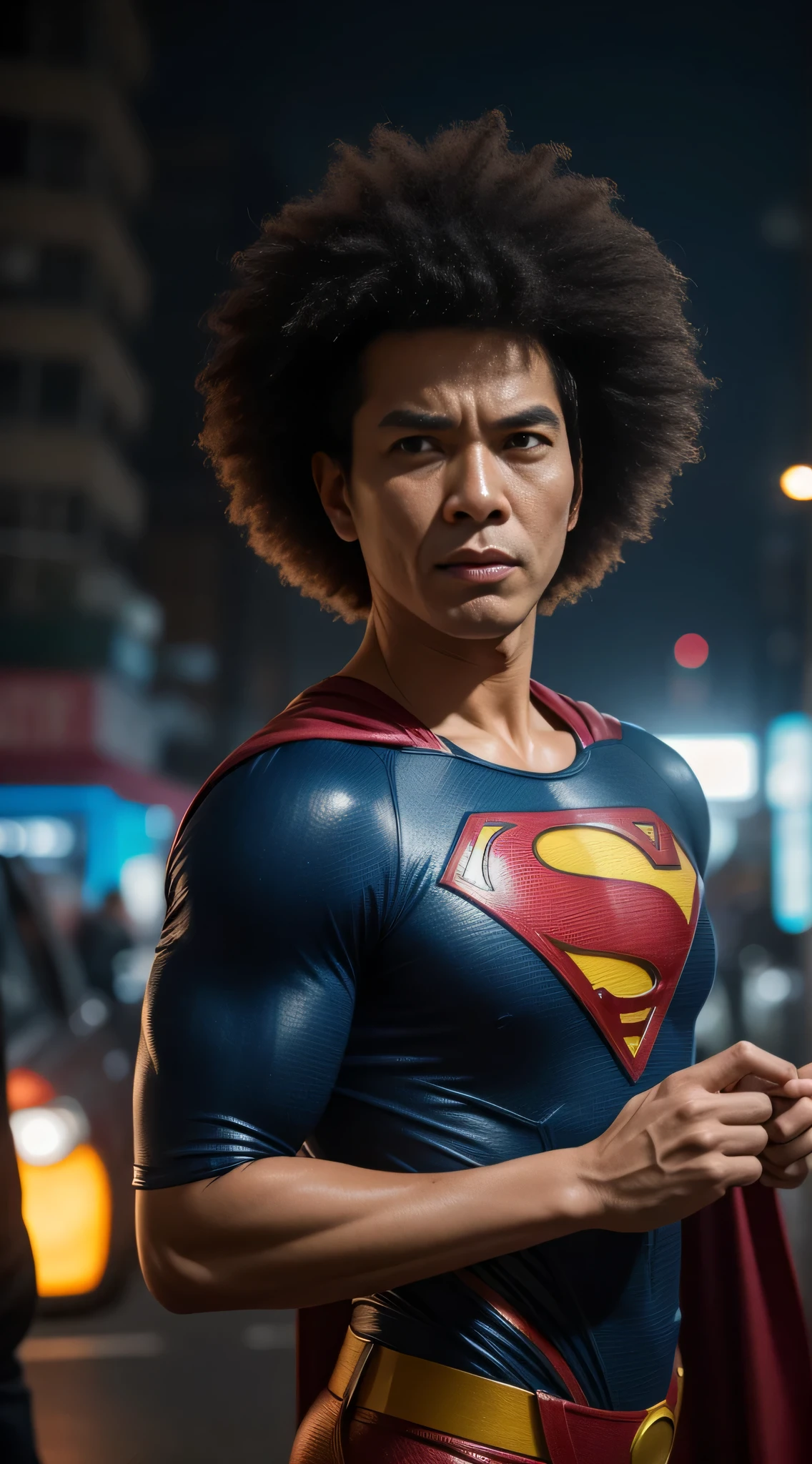 a 70 years old malay man in superman costume outfit with big afro hair standing in front of a bustling crowded night club holding a big colorful lollipop, night, serious face, nighttime, in superman movie style, hyper - realistic photography, dramatic effect, smoke effect in background, dark color grading, full body, 8k, close - up shot, extreme close - up photo