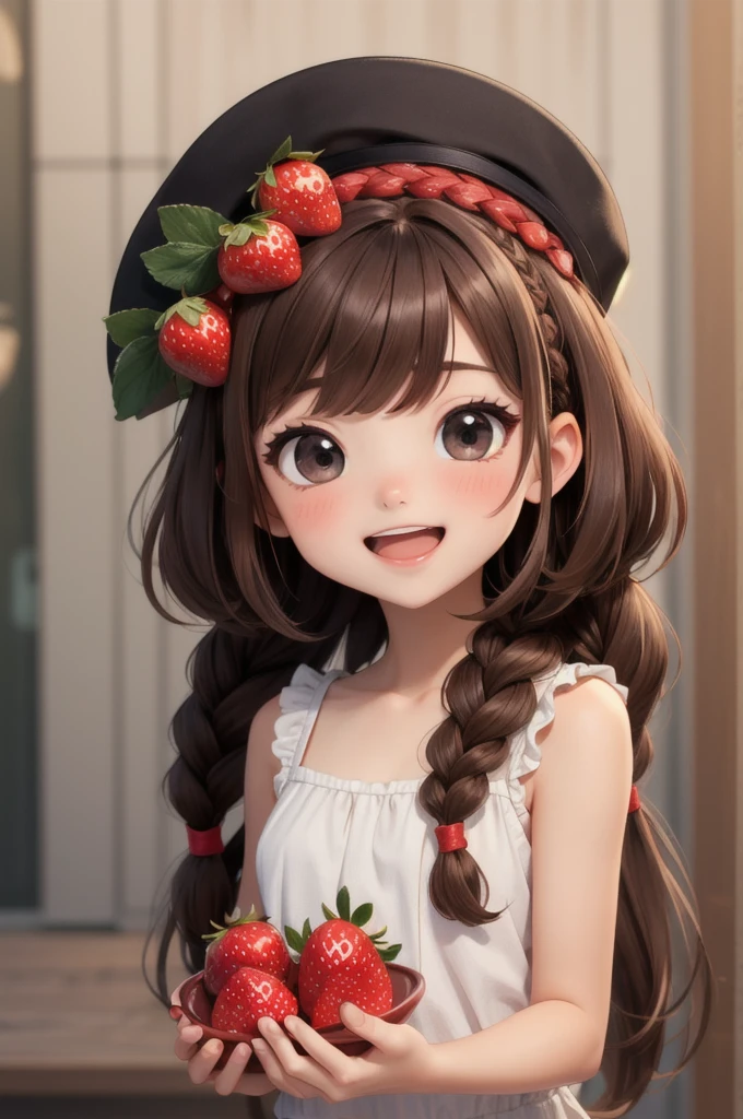 masterpiece,best quality,dramatic, 1girl, solo, long hair, smile, open mouth, bangs, brown hair, hat, strawberry, holding fruit, upper body, braid,chibi, black eyes, twin braids, fruit, red headwear, cropped torso,