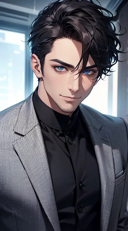 (best quality,4k,8k,highres,masterpiece:1.2),ultra-detailed,(realistic,photorealistic,photo-realistic:1.37),1 man,31 years old,mature man,very handsome,without expression,smile,short grey black hair,blue eyes,penetrating gaze,perfect face without errors,imposing posture,businessman,office background,cinematic lighting,hdr image
