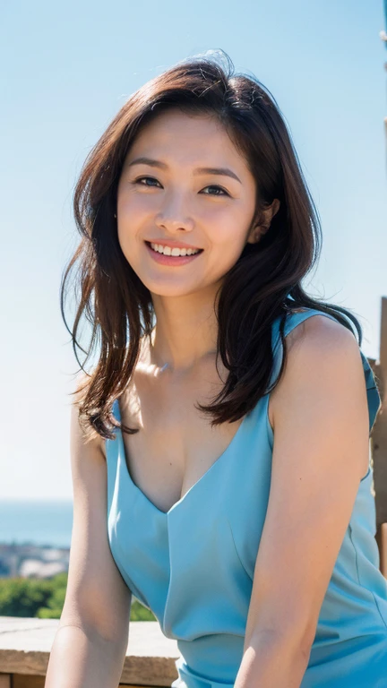 ((Highest quality、8K、masterpiece:1.3))、Photorealistic, Sharp focus, high resolution, High resolution,Portraiture, One person、Japanese、woman, beautiful woman, ((( Sky Blue Dress)))、30 years old, plump, Medium Long Hair,smile